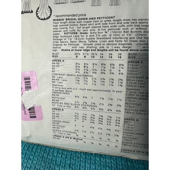 Vogue sewing pattern 1091 formal wedding dress leg of mutton puff sleeves sz 13 - Picture 5 of 8